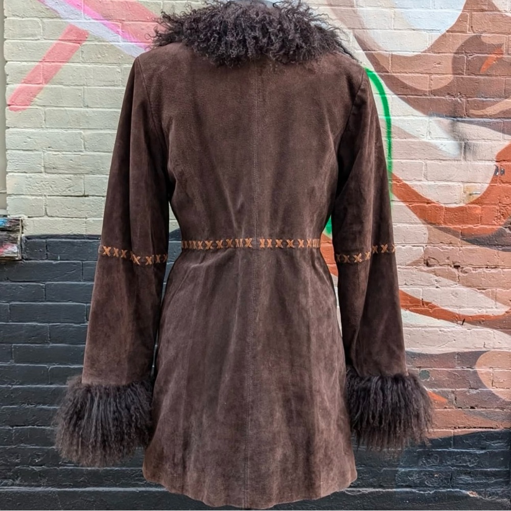 Y2K Genuine Suede Leather Chocolate Brown long Coat with suede stitch Lamb Fur - Picture 9 of 11